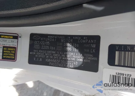 2006 Hyundai Tiburon Gt/Gt Limited/Se z USA, uszkodzony, nr VIN KMHHN65F16U202248